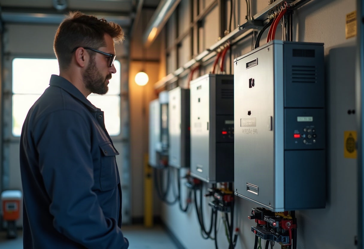 Installation technique : batterie de stockage murale et vérification par un technicien dans un local propre
