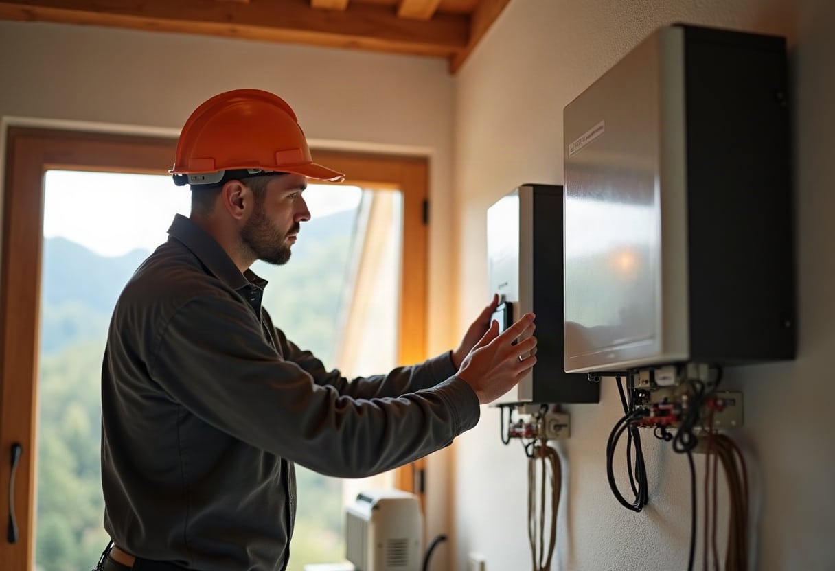 Technicien inspectant un onduleur solaire lors d'une intervention technique en Suisse.