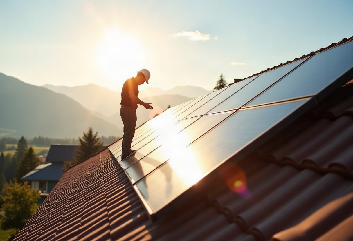 Technicien inspectant les panneaux solaires photovoltaïques sur le toit d'une maison romande sous un ciel dégagé.